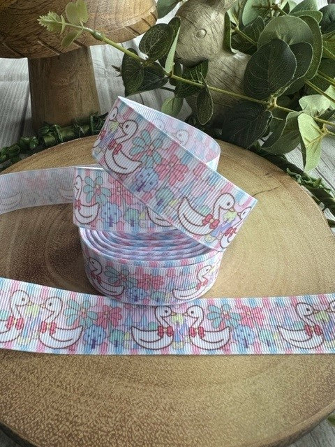 Beautiful Pastel Coloured Ducks & Flowers Print Design Grosgrain Ribbon