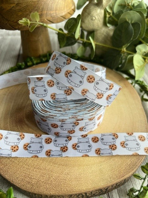 Beautiful Cute Hippo & Cookie Print Design Grosgrain Ribbon
