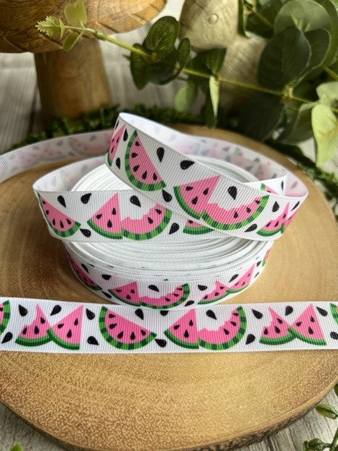 Beautiful Bright Pink & Green Watermelon Print Design Grosgrain Ribbon