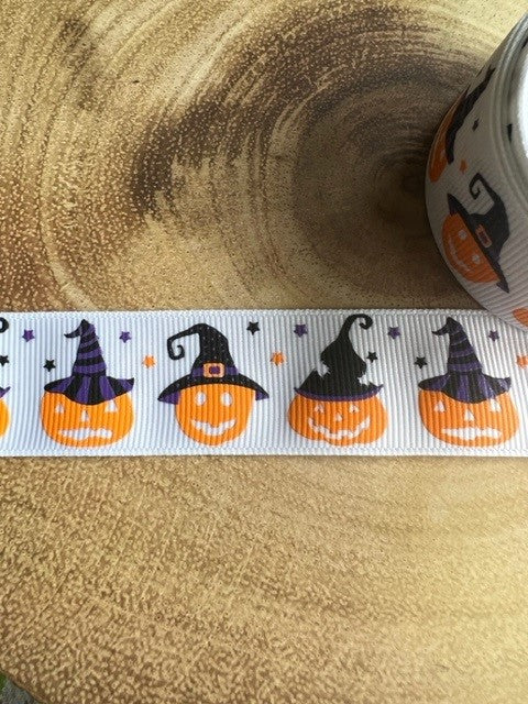 Beautiful Bright Halloween Pumpkins in Hats Print Design Grosgrain Ribbon