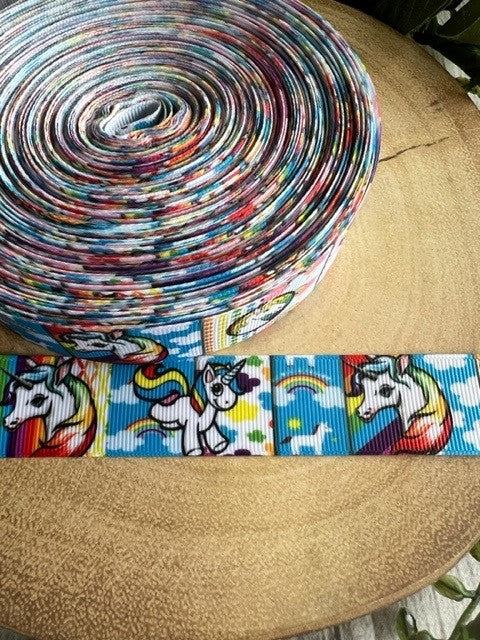Beautiful Bright Coloured Rainbow & Unicorn Print Design Grosgrain Ribbon