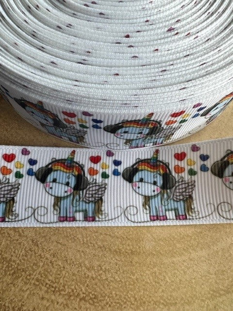 Beautiful Bright Coloured Rainbow Unicorn & Headphone Hearts Print Design Grosgrain Ribbon