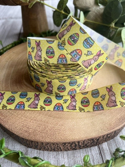 Beautiful Bright Yellow Easter Bunny with Patterned Eggs Design Grosgrain Ribbon