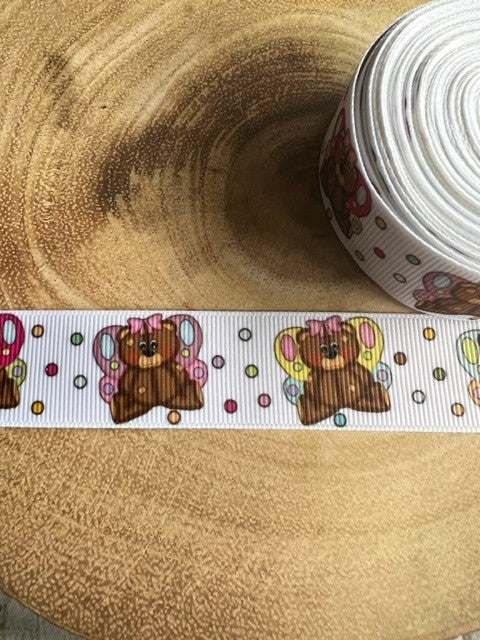 Beautiful Coloured Bear & Butterfly Print Design Grosgrain Ribbon