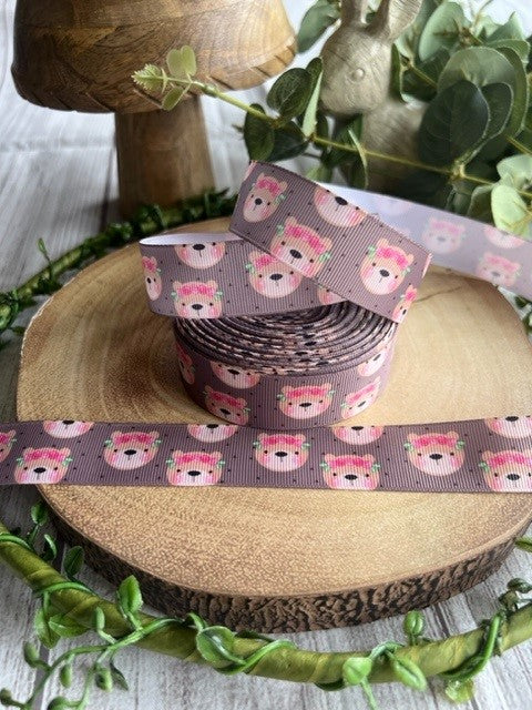 Beautiful Coloured Brown Bear with Pretty Flowers Print Design Grosgrain Ribbon