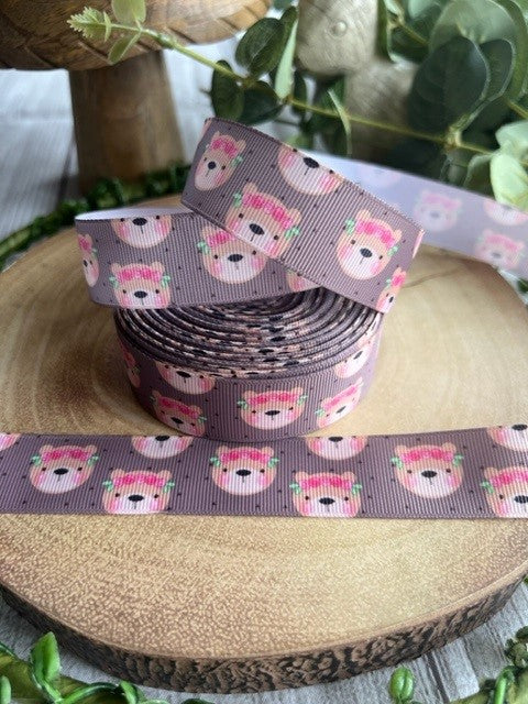 Beautiful Coloured Brown Bear with Pretty Flowers Print Design Grosgrain Ribbon