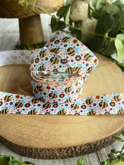 Beautiful Coloured Busy Bees Print Design Grosgrain Ribbon