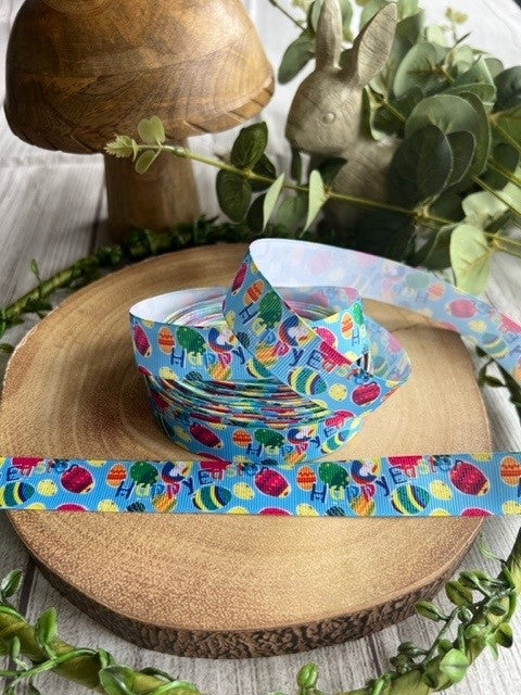 Beautiful Bright Coloured Blue Happy Easter & Eggs Design Grosgrain Ribbon