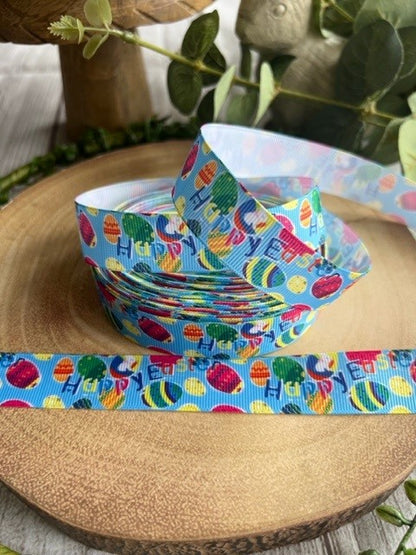 Beautiful Bright Coloured Blue Happy Easter & Eggs Design Grosgrain Ribbon