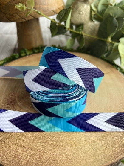 Beautiful Bright Blues & White ZigZag Print Design Grosgrain Ribbon