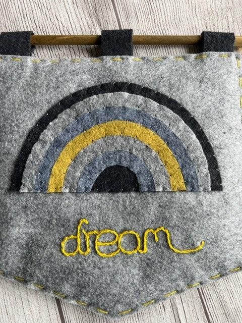 Handmade Felt Grey & Yellow Rainbow & Dream Themed Banner