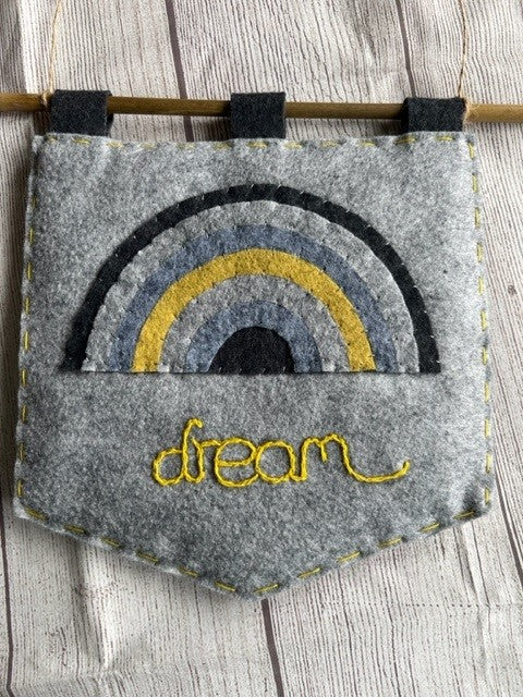 Handmade Felt Grey & Yellow Rainbow & Dream Themed Banner