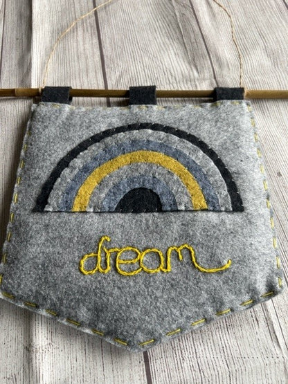 Handmade Felt Grey & Yellow Rainbow & Dream Themed Banner