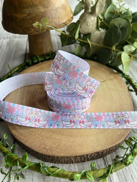 Beautiful Pastel Coloured Ducks & Flowers Print Design Grosgrain Ribbon