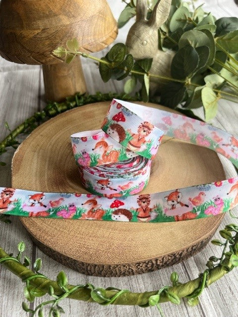 Beautiful Bright Coloured Forest Animals Print Design Grosgrain Ribbon