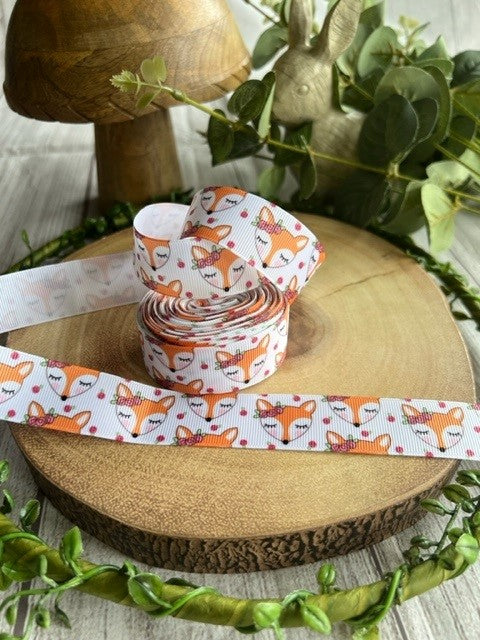 Beautiful Coloured Pretty Brown Fox with Flowers Print Design Grosgrain Ribbon