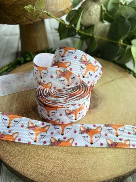 Beautiful Coloured Pretty Brown Fox with Flowers Print Design Grosgrain Ribbon