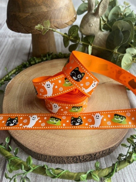 Beautiful Bright Orange Halloween Characters Design Grosgrain Ribbon