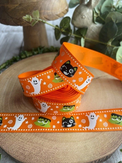 Beautiful Bright Orange Halloween Characters Design Grosgrain Ribbon