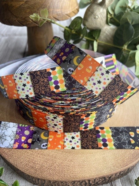 Beautiful Bright Halloween Themed Tile Print Design Grosgrain Ribbon