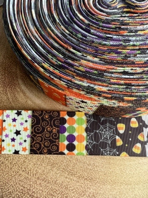 Beautiful Bright Halloween Themed Tile Print Design Grosgrain Ribbon