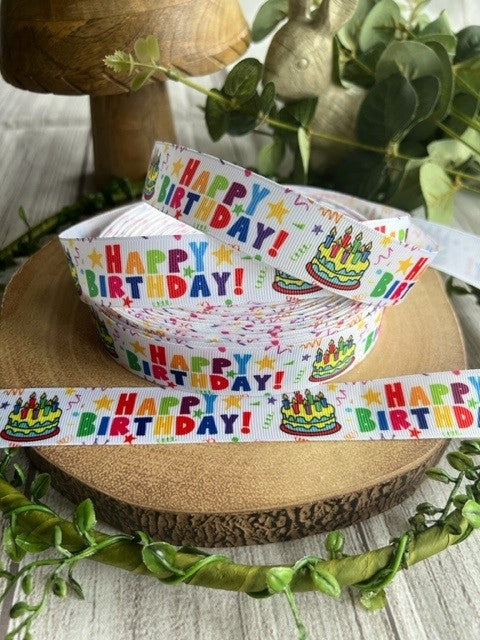 Beautiful Bright Coloured Rainbow Happy Birthday Print Design Grosgrain Ribbon