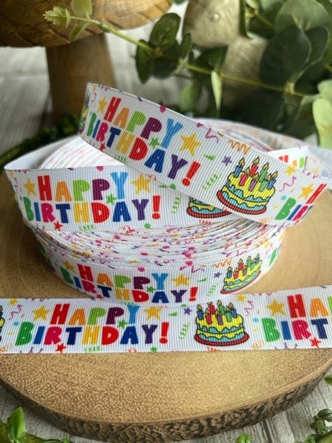 Beautiful Bright Coloured Rainbow Happy Birthday Print Design Grosgrain Ribbon