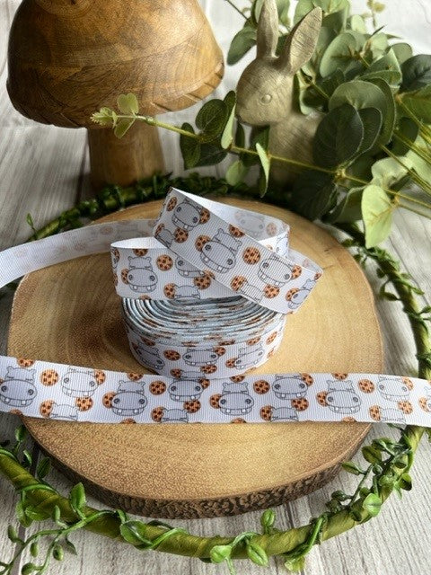 Beautiful Cute Hippo & Cookie Print Design Grosgrain Ribbon