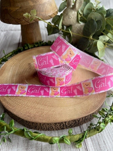 Beautiful Bright Pink 'It's A Girl' New Baby Print Design Grosgrain Ribbon