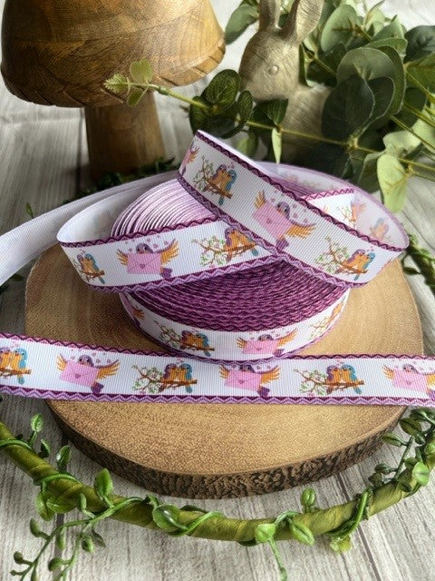 Beautiful Purple Pastel Coloured Love Birds Print Design Grosgrain Ribbon