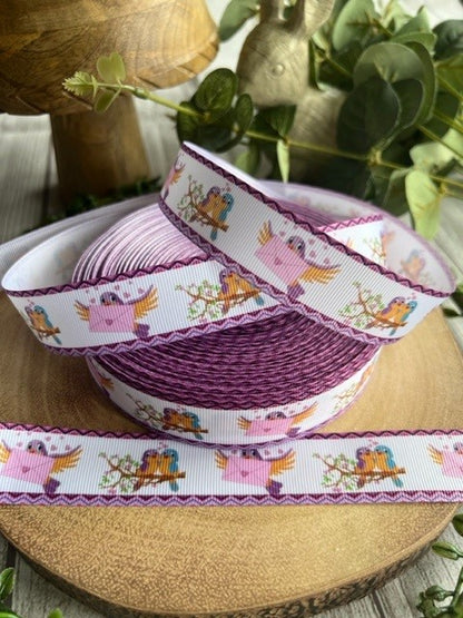 Beautiful Purple Pastel Coloured Love Birds Print Design Grosgrain Ribbon