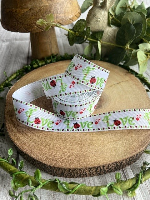 Beautiful Bright Red & Green Love Bug Print Design Grosgrain Ribbon