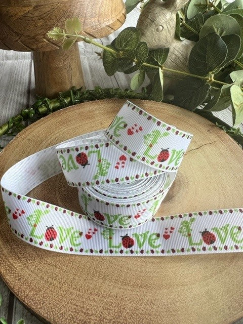 Beautiful Bright Red & Green Love Bug Print Design Grosgrain Ribbon