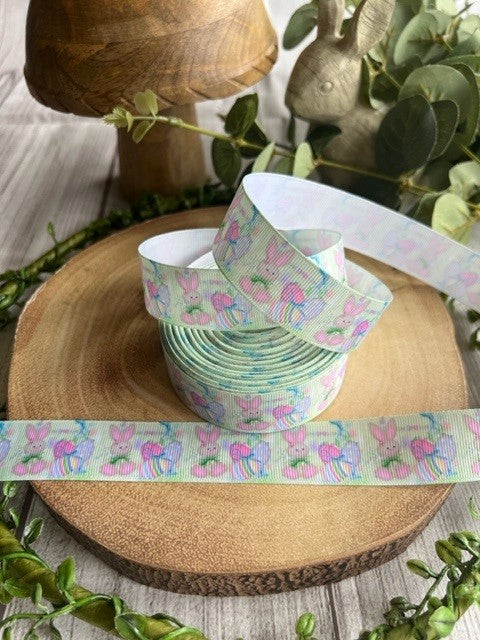 Pretty pastel mint Green Easter Bunny with Eggs Design Grosgrain Ribbon