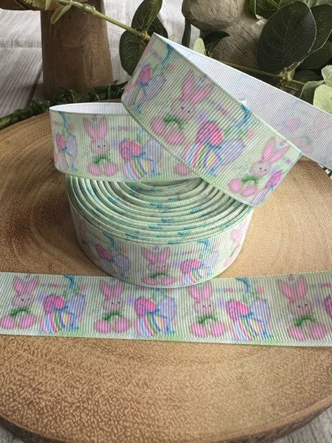 Pretty pastel mint Green Easter Bunny with Eggs Design Grosgrain Ribbon