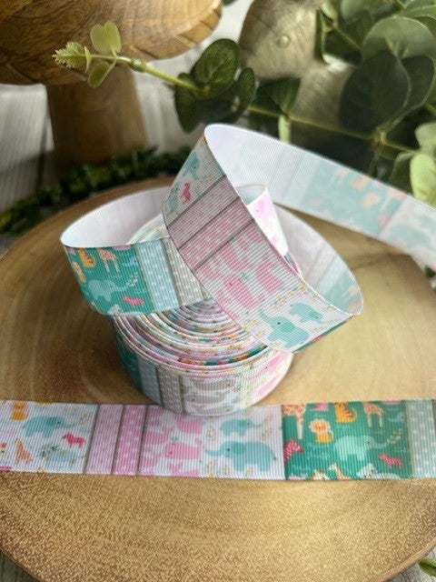 Beautiful Pastel Coloured Zoo Animals Print Design Grosgrain Ribbon