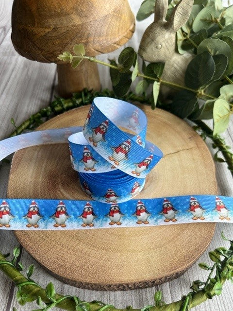 Beautiful Bright Christmas Penguins Design Grosgrain Ribbon