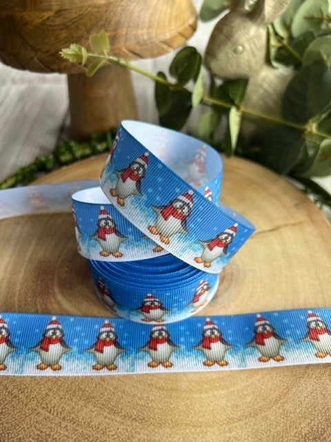 Beautiful Bright Christmas Penguins Design Grosgrain Ribbon