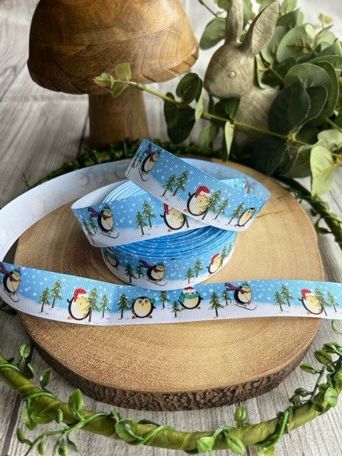 Beautiful Bright Christmas Penguins & Trees Design Grosgrain Ribbon