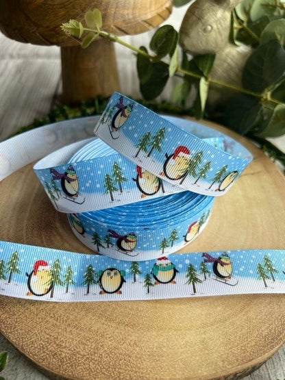 Beautiful Bright Christmas Penguins & Trees Design Grosgrain Ribbon