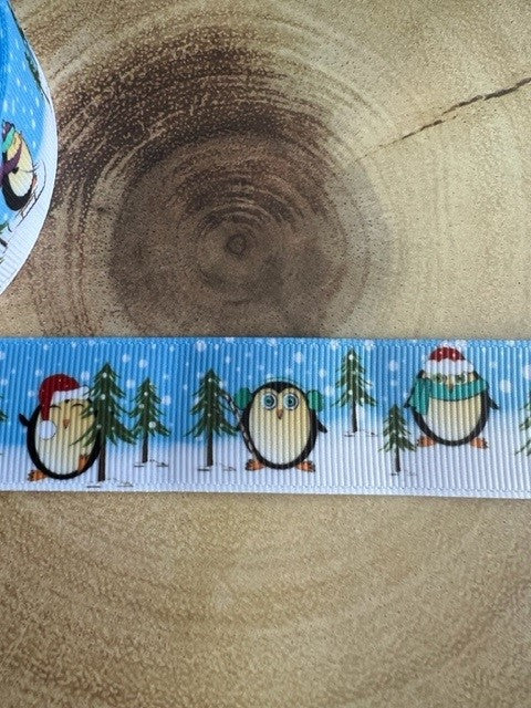 Beautiful Bright Christmas Penguins & Trees Design Grosgrain Ribbon