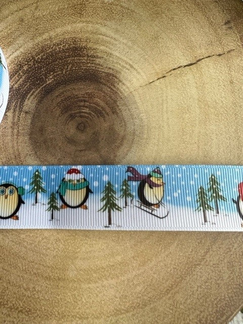 Beautiful Bright Christmas Penguins & Trees Design Grosgrain Ribbon