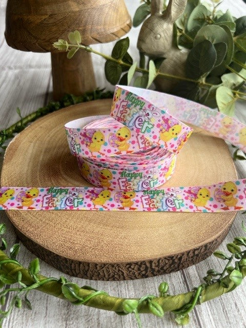 Beautiful Bright Coloured Happy Easter & Chicks Design Grosgrain Ribbon