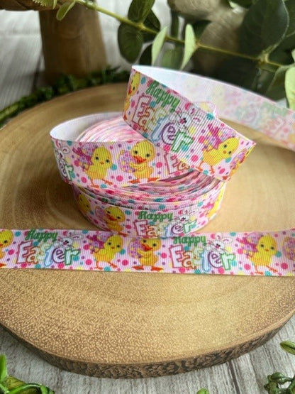 Beautiful Bright Coloured Happy Easter & Chicks Design Grosgrain Ribbon