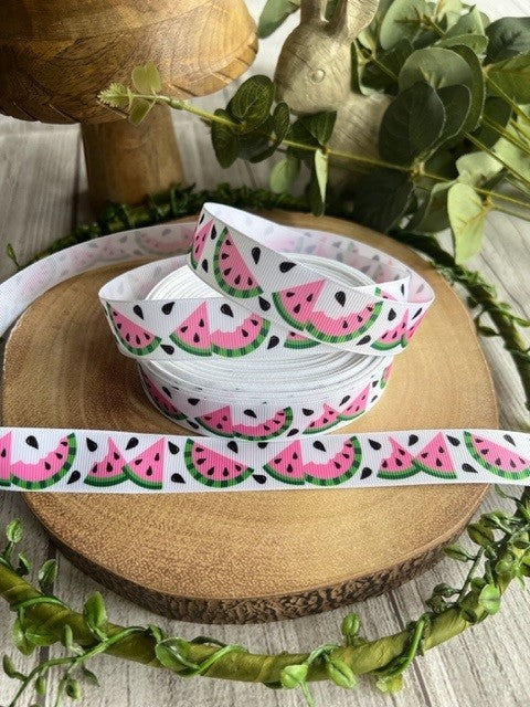 Beautiful Bright Pink & Green Watermelon Print Design Grosgrain Ribbon