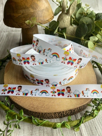 Beautiful Bright Coloured Rainbow Girls Print Design Grosgrain Ribbon