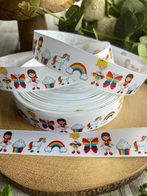 Beautiful Bright Coloured Rainbow Girls Print Design Grosgrain Ribbon