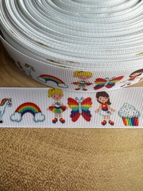 Beautiful Bright Coloured Rainbow Girls Print Design Grosgrain Ribbon