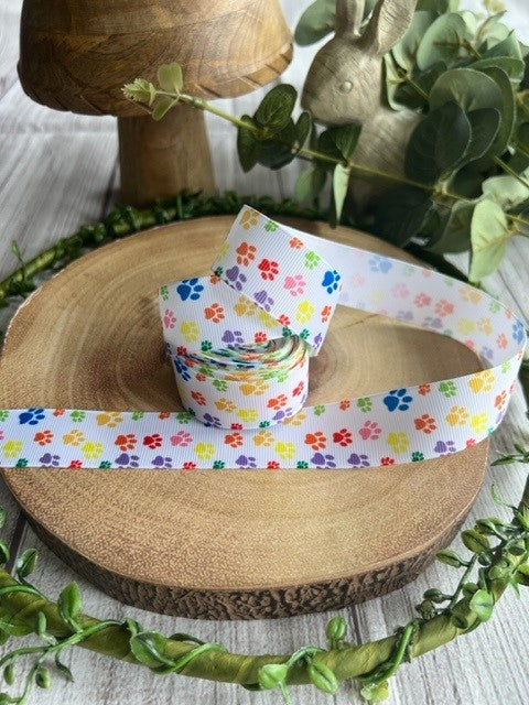 Beautiful Bright Rainbow Coloured Paw Print Design Grosgrain Ribbon