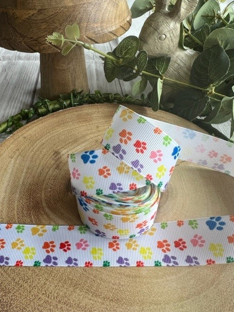 Beautiful Bright Rainbow Coloured Paw Print Design Grosgrain Ribbon